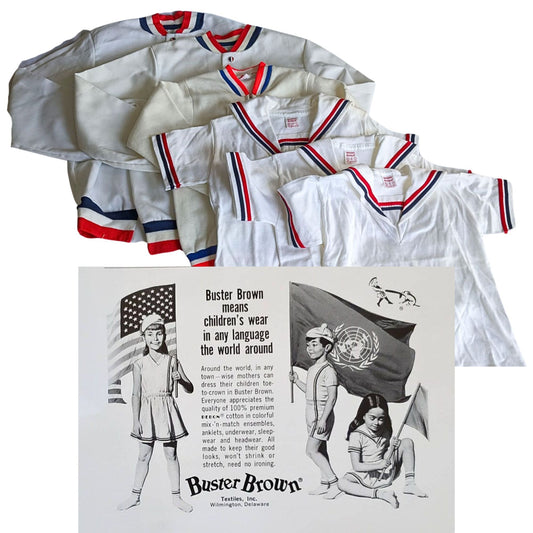 Vintage Mid-Century BUSTER BROWN White Sailor Suit 6pc Family Set w/ Ad Szs 5-14