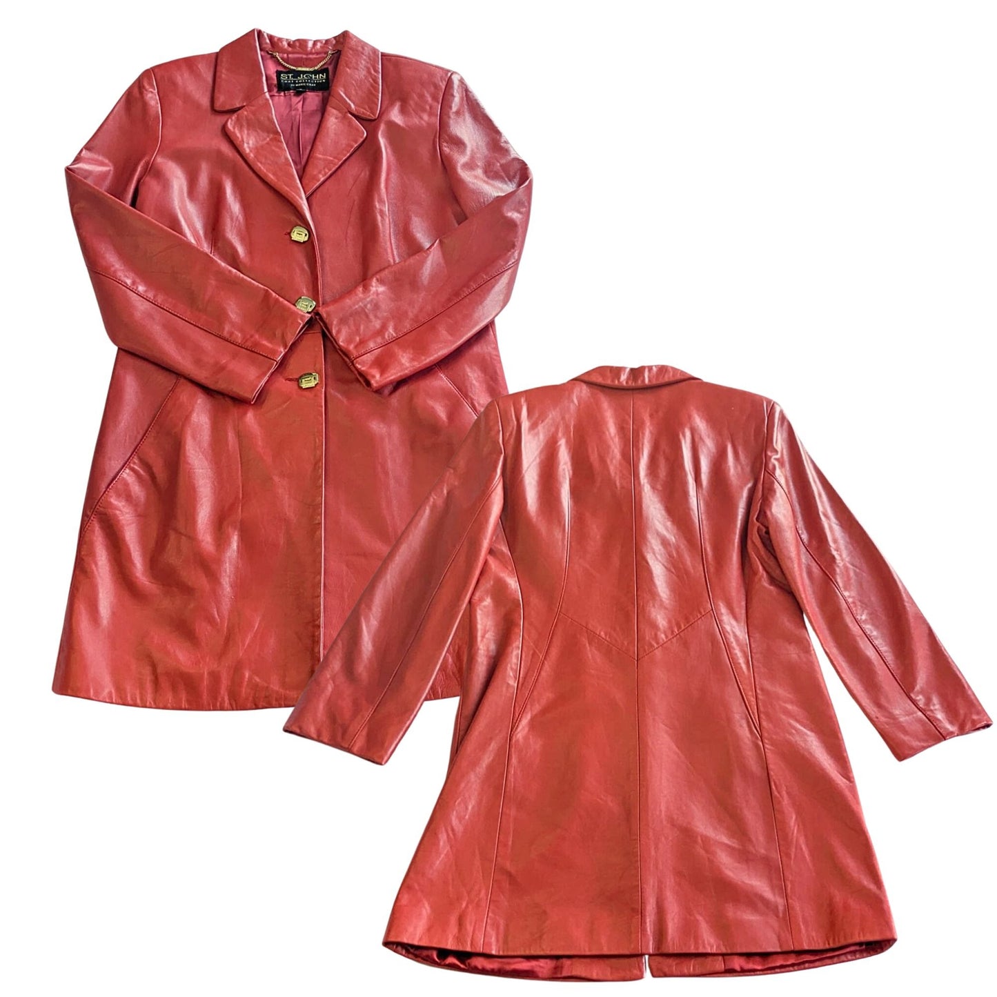 Vintage Y2K ST. JOHN Buttery Soft Tomato Red Lambskin Leather Long Coat Size S/M