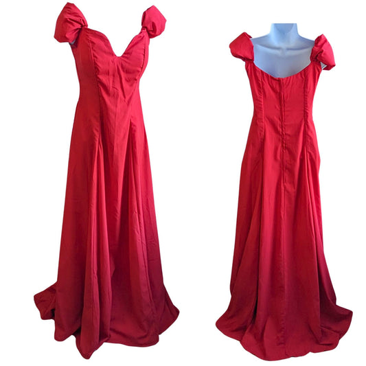 Vintage 50s Stage Costume Scarlet Off-Shoulder Nylon Maxi Dress Handmade Size S