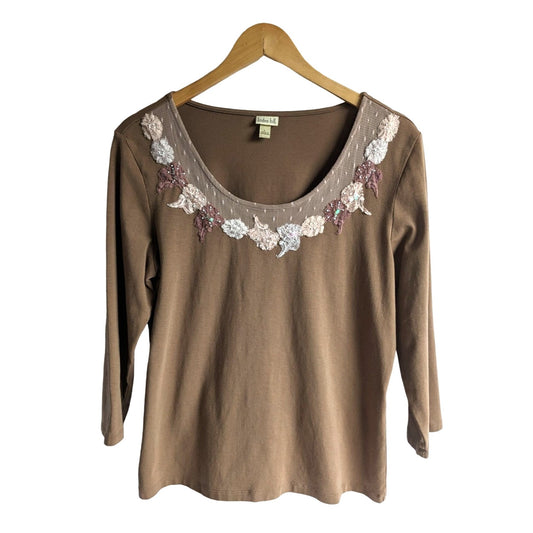 LINDEN HILL Tan Embroidered Long Sleeve Top Floral Lace & Sequin Embroidery Sz L