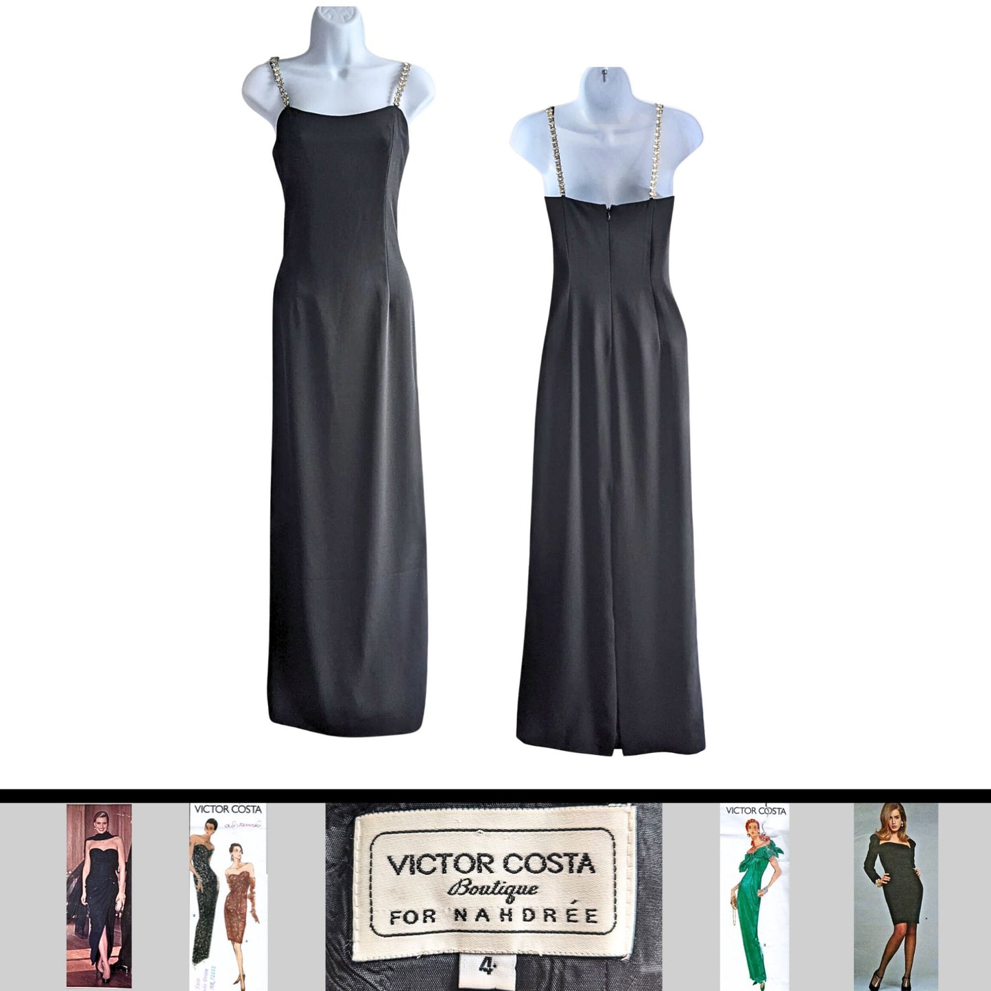 Slinky Vtg 80s VICTOR COSTA for Nahdrée Slit & CrystalStrap Black Slip Dress Sz4