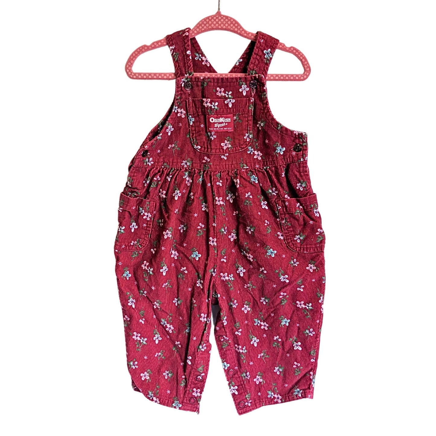 Vtg 90s OSH KOSH Vestbak Bubble Snap Overalls in Red Floral Corduroy Size 12M