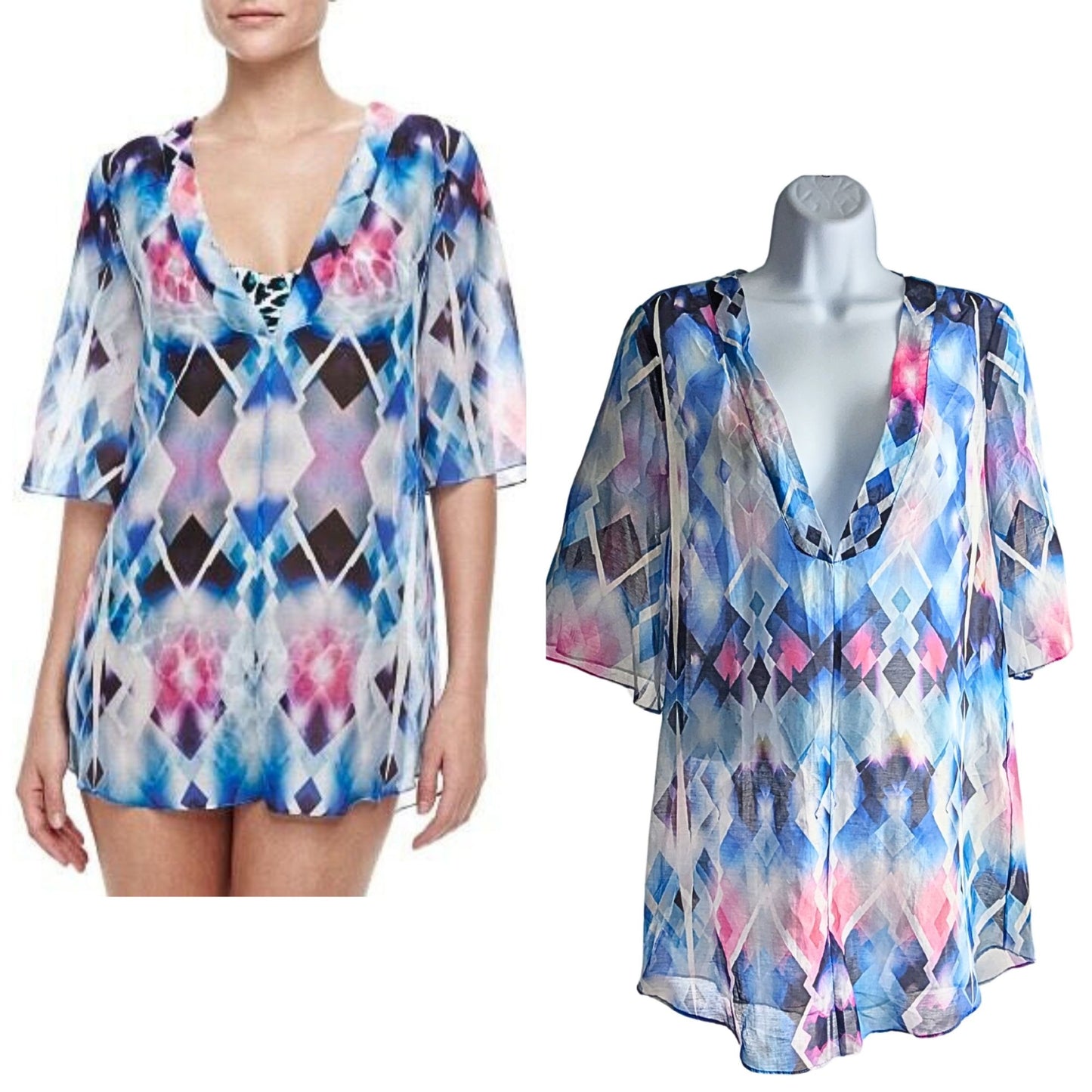 MILLY CABANA Capella Blue Kaleidoscope Ikat Cotton-Silk Cover-Up Tunic Size SP