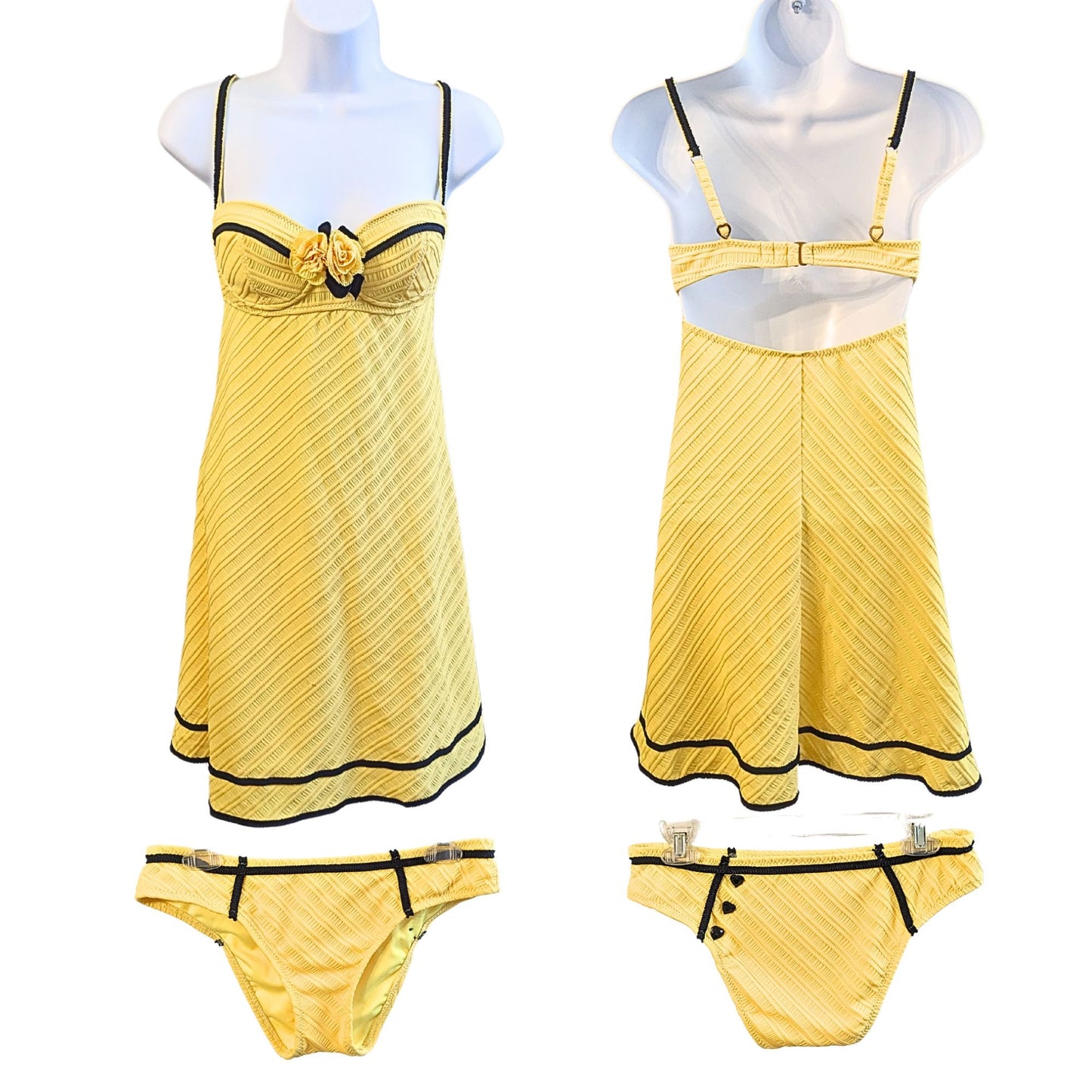 Rare NWOT Vtg Y2K BETSEY JOHNSON Yellow Black Rose Pin-Up Swim Dress Set Size M