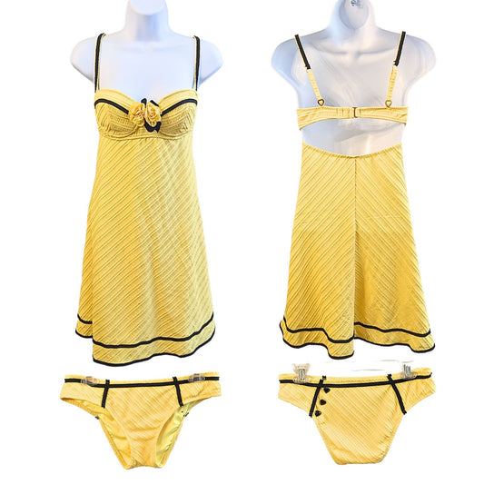 Rare NWOT Vtg Y2K BETSEY JOHNSON Yellow Black Rose Pin-Up Swim Dress Set Size M