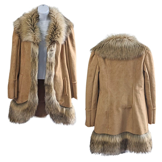 Vintage Y2K BEBE Camel Penny Lane Faux Fur & Vegan Suede 3/4 Coat Size S