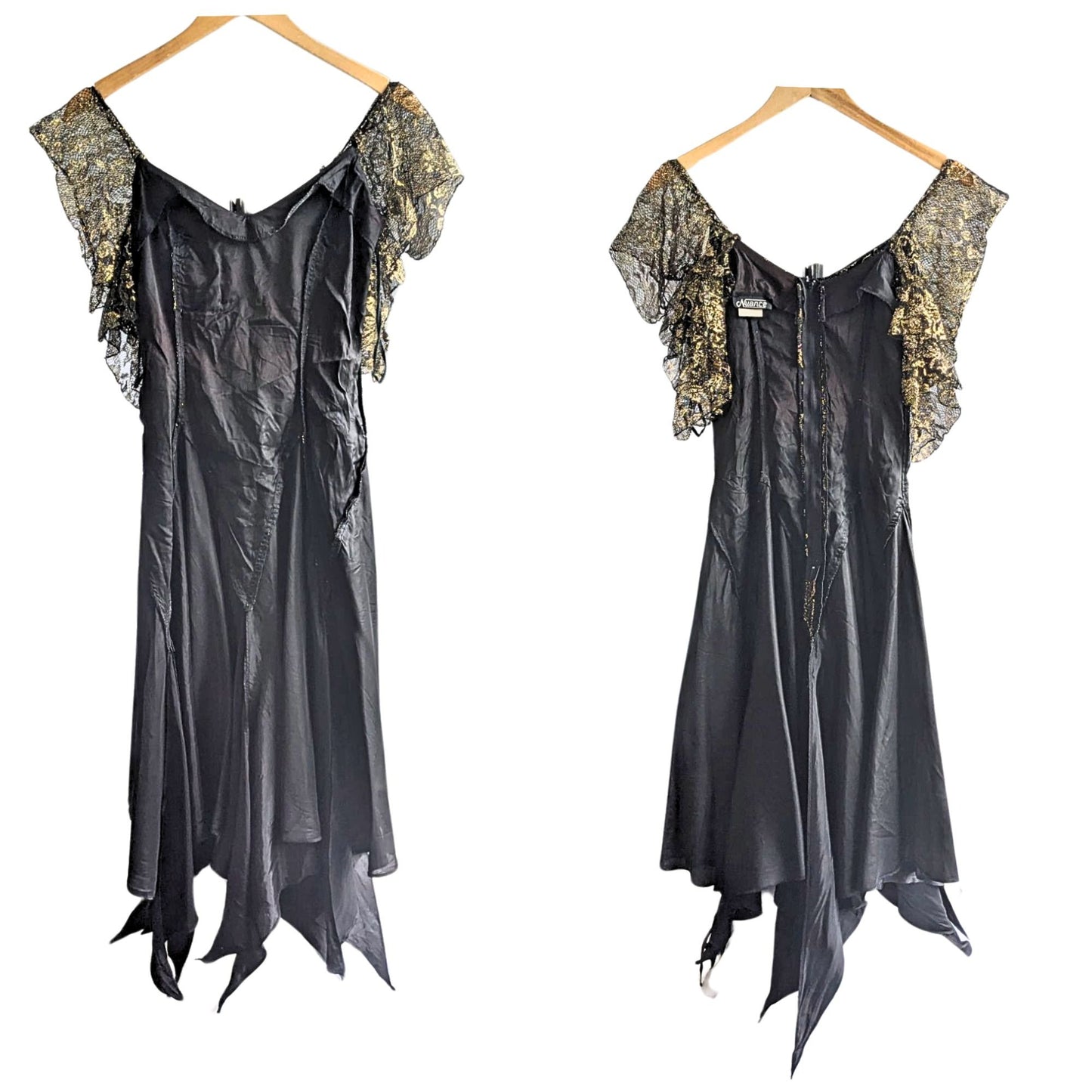 Vtg 80s NUANCE Witchy Gothic Gold Lace Lurex Handkerchief Hem Cocktail Midi Sz 7