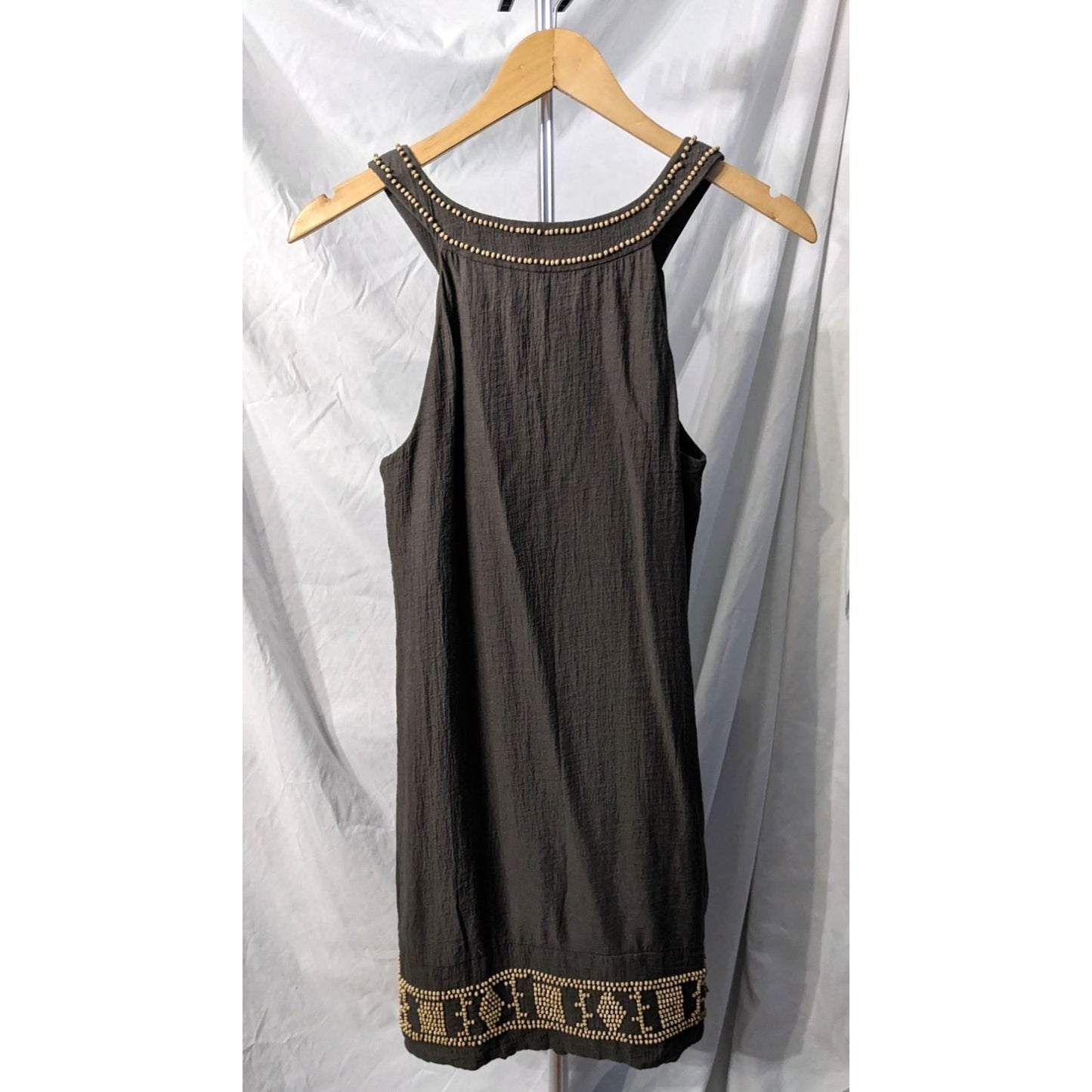 BCBGMAXAZRIA Olive Green Beaded Halter Sheath Dress Casual Boho Size 2