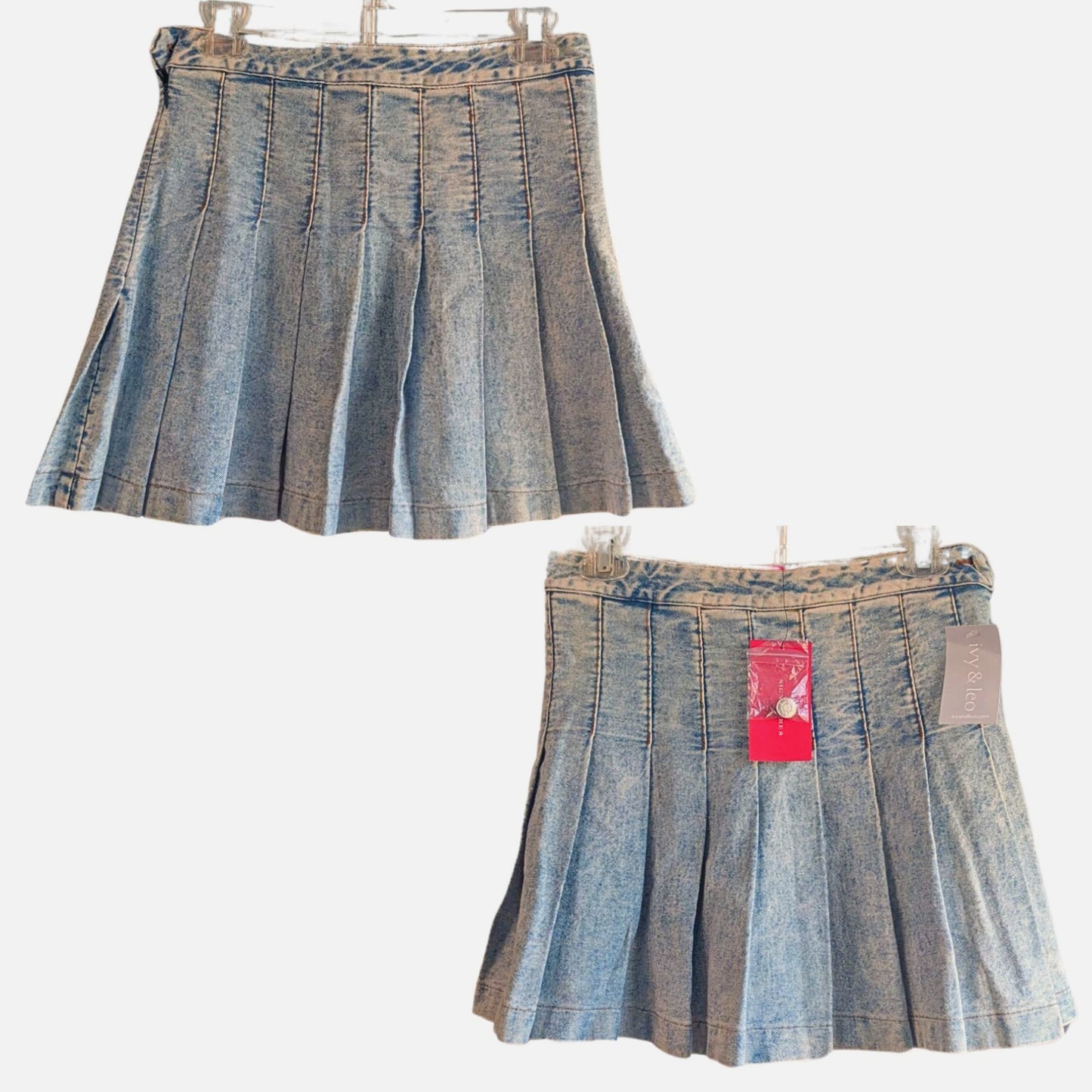 NWT IVY & LEO Signature 8 100% Cotton Acid-Wash Denim Pleated Mini Skirt Size M