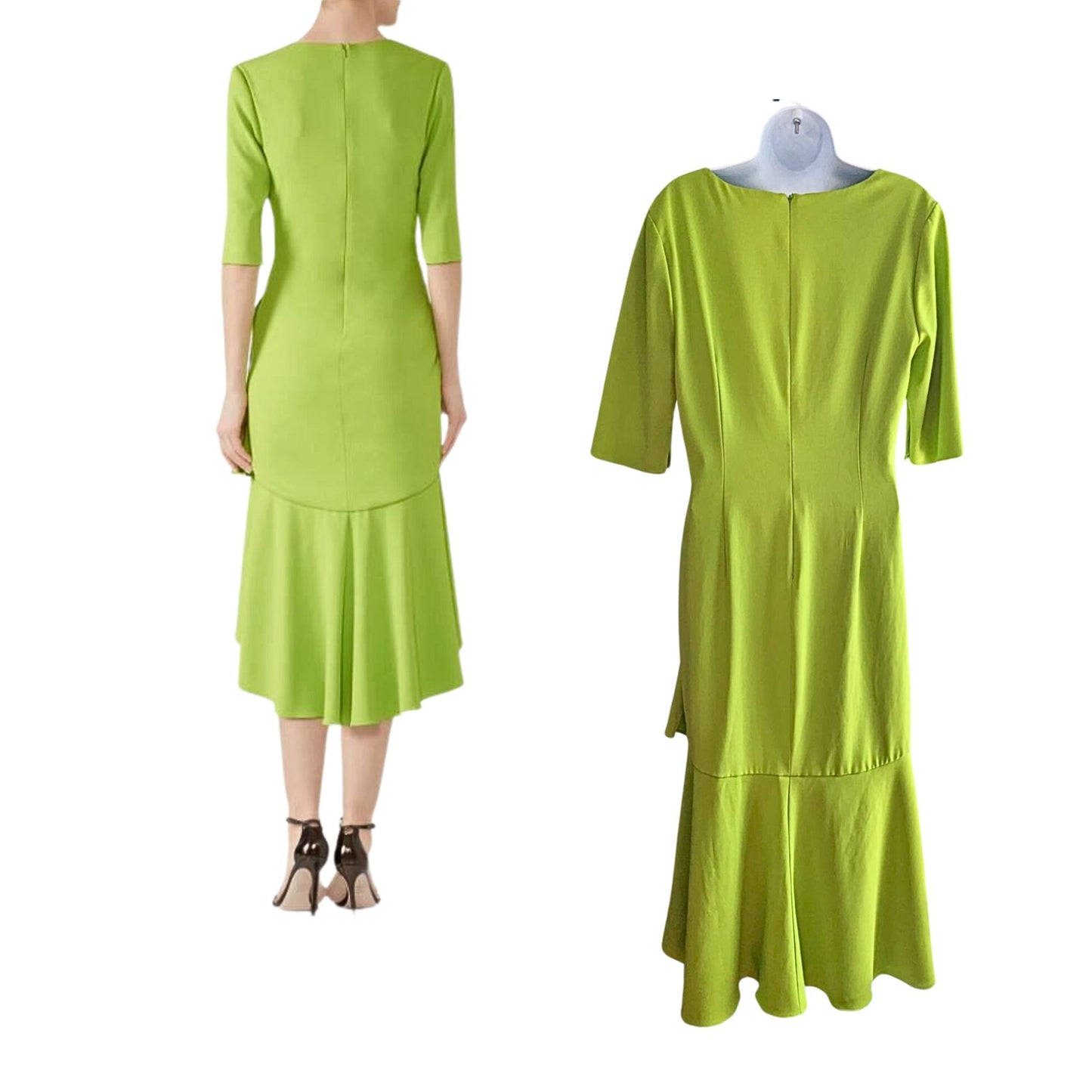 BADGLEY MISCHKA Lime Green Odessa Crepe Flutter Hem Dress w/ Auth Sticker Sz 10