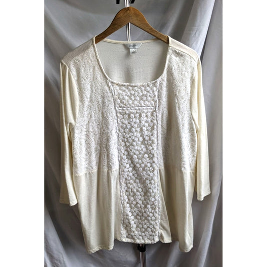 CJ BANKS Cream Embroidered Mixed Print Linen Blend Top 3/4 Sleeve Size 3X