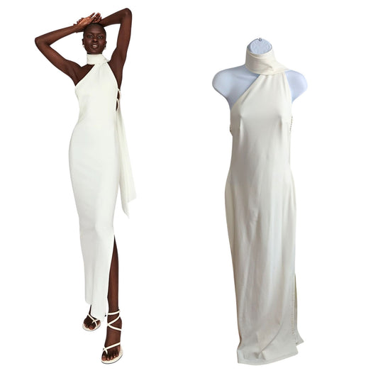 NWT KHANUM'S Kara Ivory Scarf Backless Maxi Dress w/ Draped Faux Pearls Size S