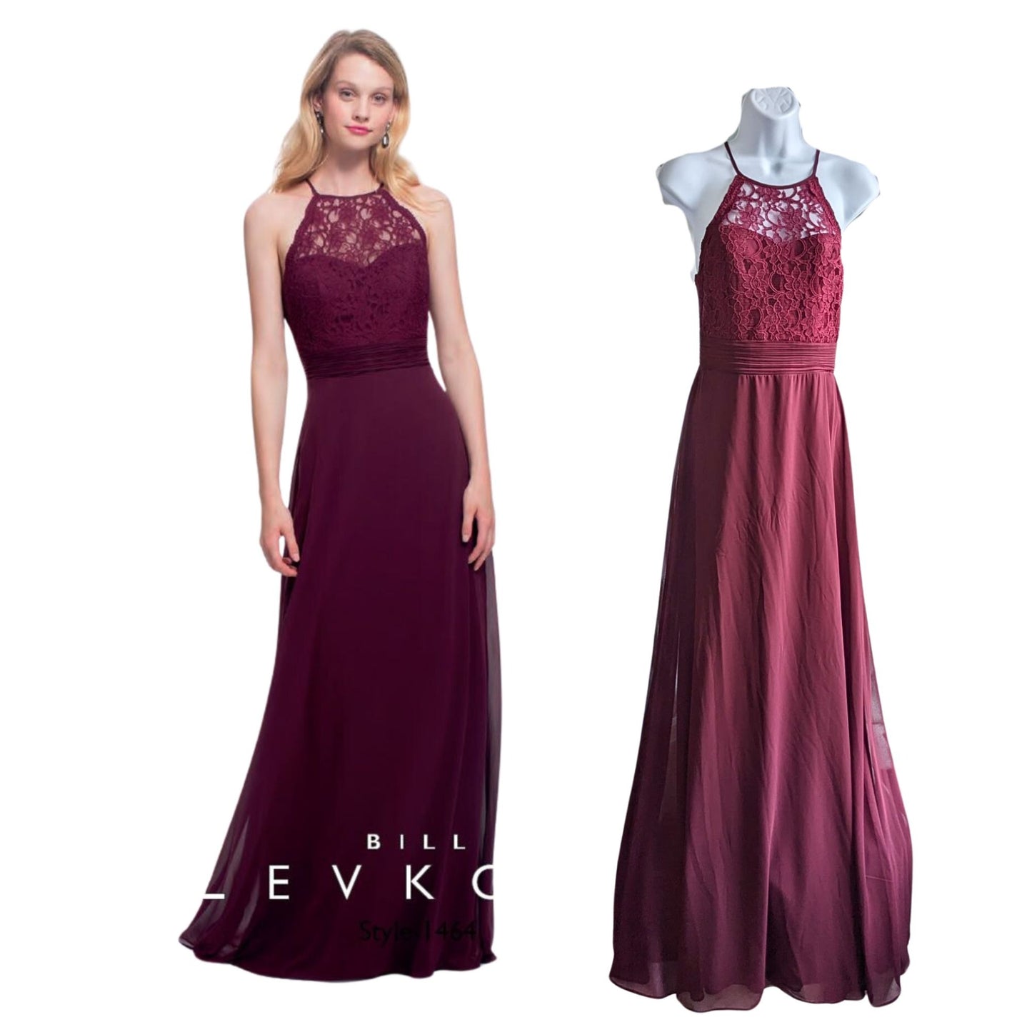 NWT BILL LEVKOFF 1464 Wine Floral Lace Halter Open Back Bridesmaid Dress Size 4