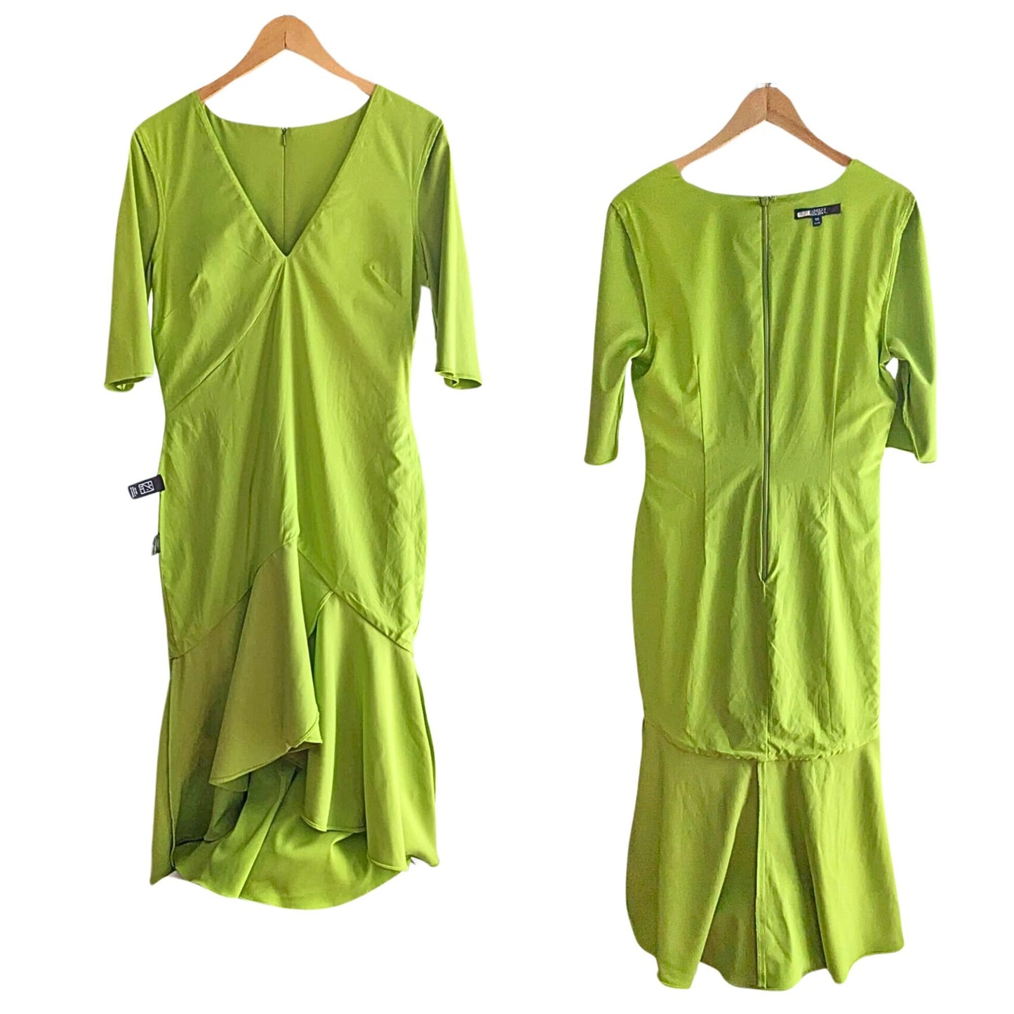 BADGLEY MISCHKA Lime Green Odessa Crepe Flutter Hem Dress w/ Auth Sticker Sz 10