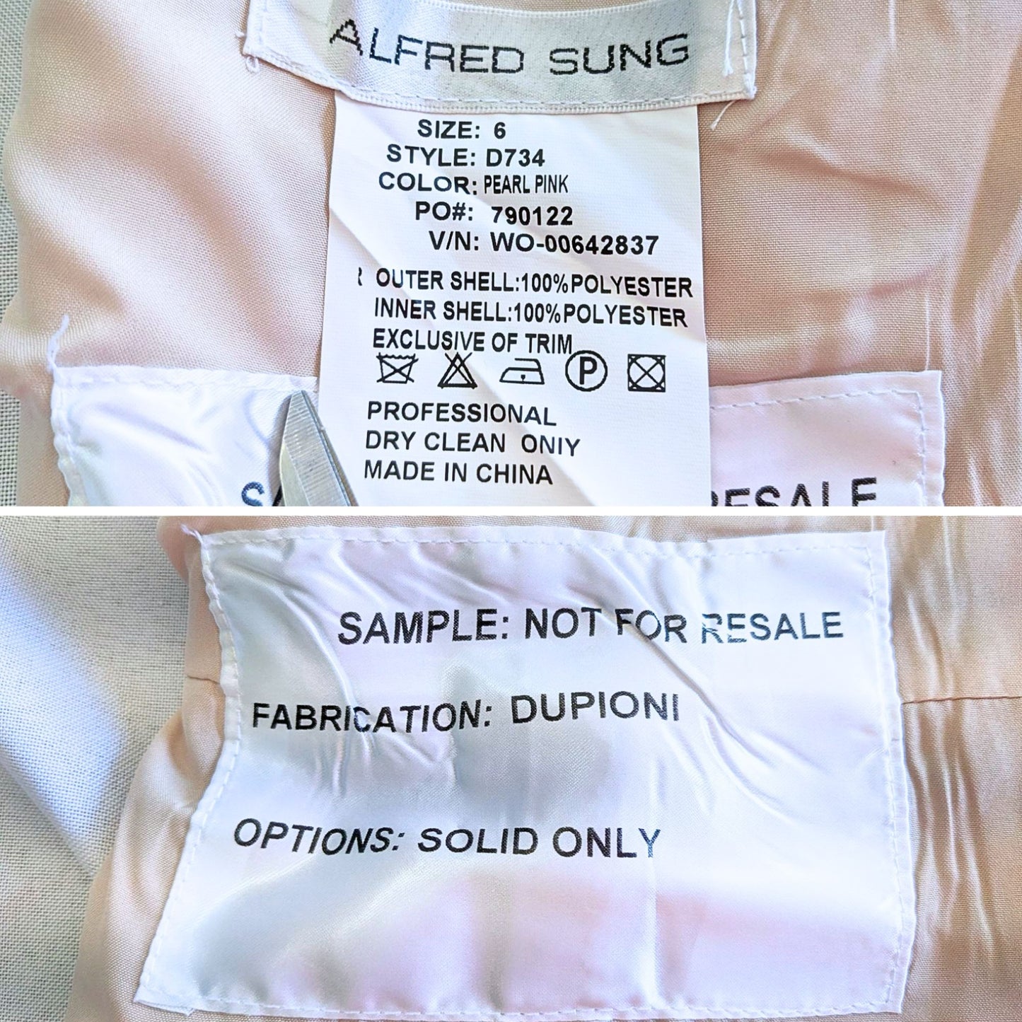 NWT ALFRED SUNG Pearl Pink Dupioni Bow Back Sample Trumpet Bridesmaid Gown Sz 6