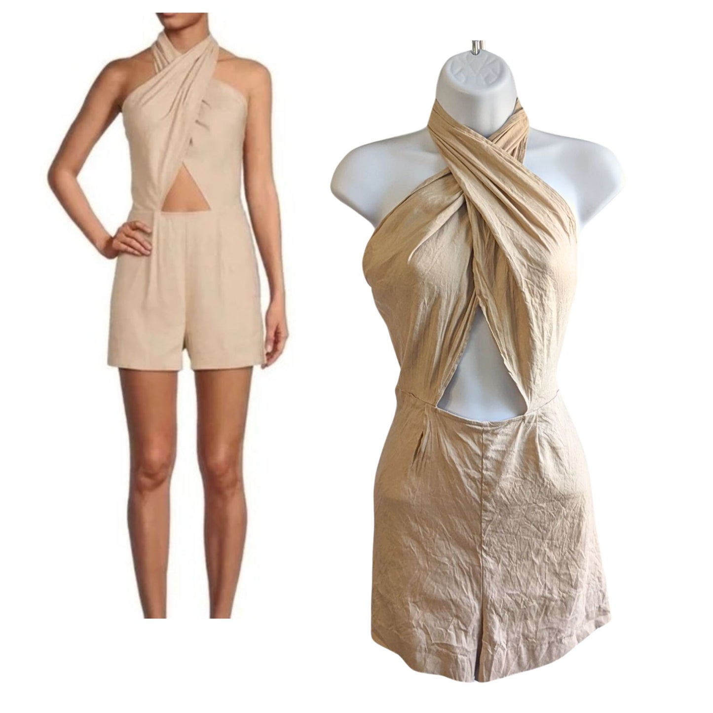 GIANNI BINI Emmie Tan Halter Tie back Sleeveless Linen Blend High-Rise Romper Size 0-10