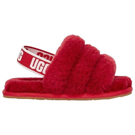 NWOT UGG Kids Fluff Yeah Sling-back Slides Ribbon Red Genuine Shearling Size 9