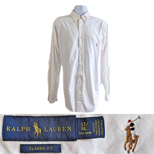 Vtg 90s RALPH LAUREN Classic Fit 100% Cotton White Button Down Dress Shirt Sz LT