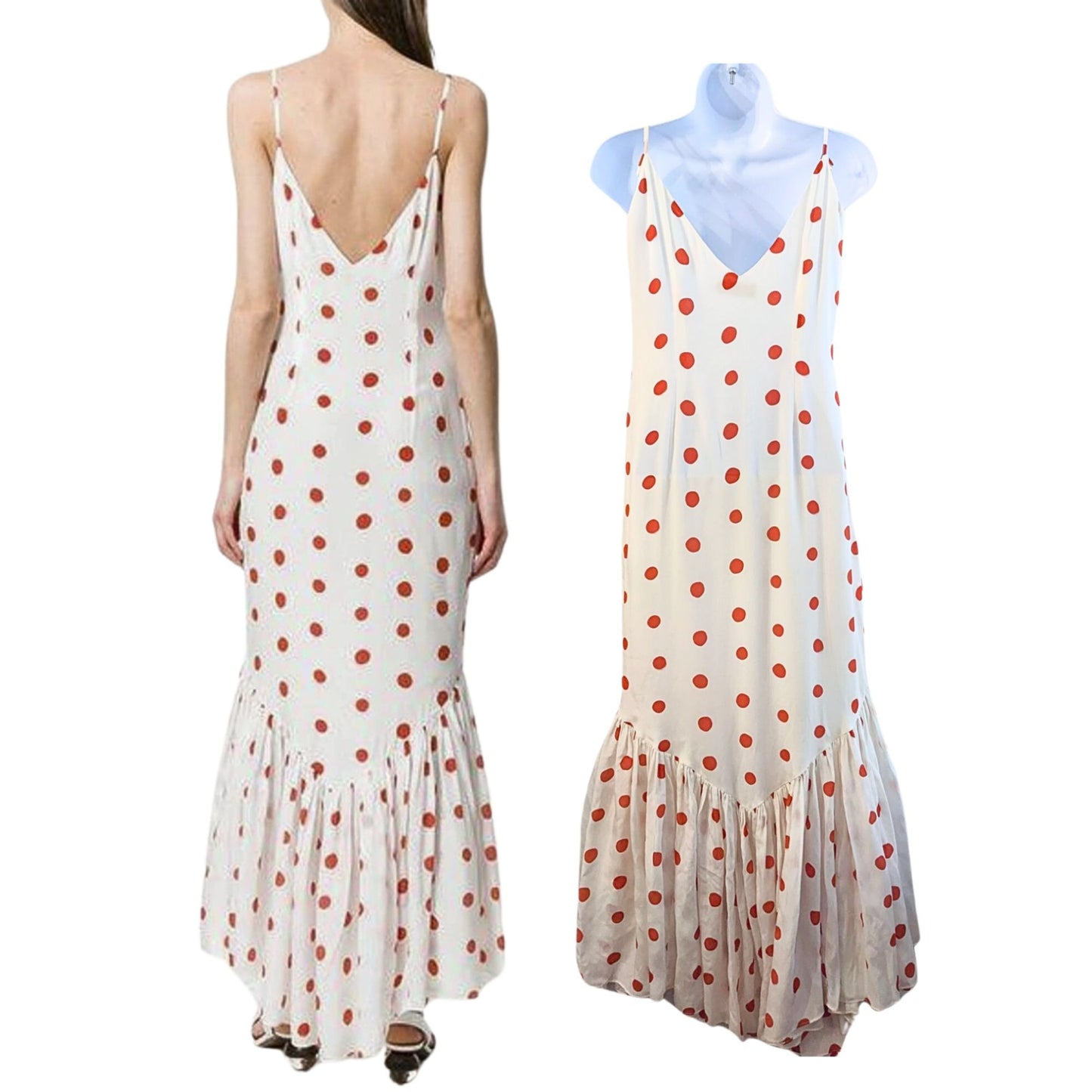 DE LA VALI Capri Polka Dot Printed Silk Maxi Dress In White/Red Size 12