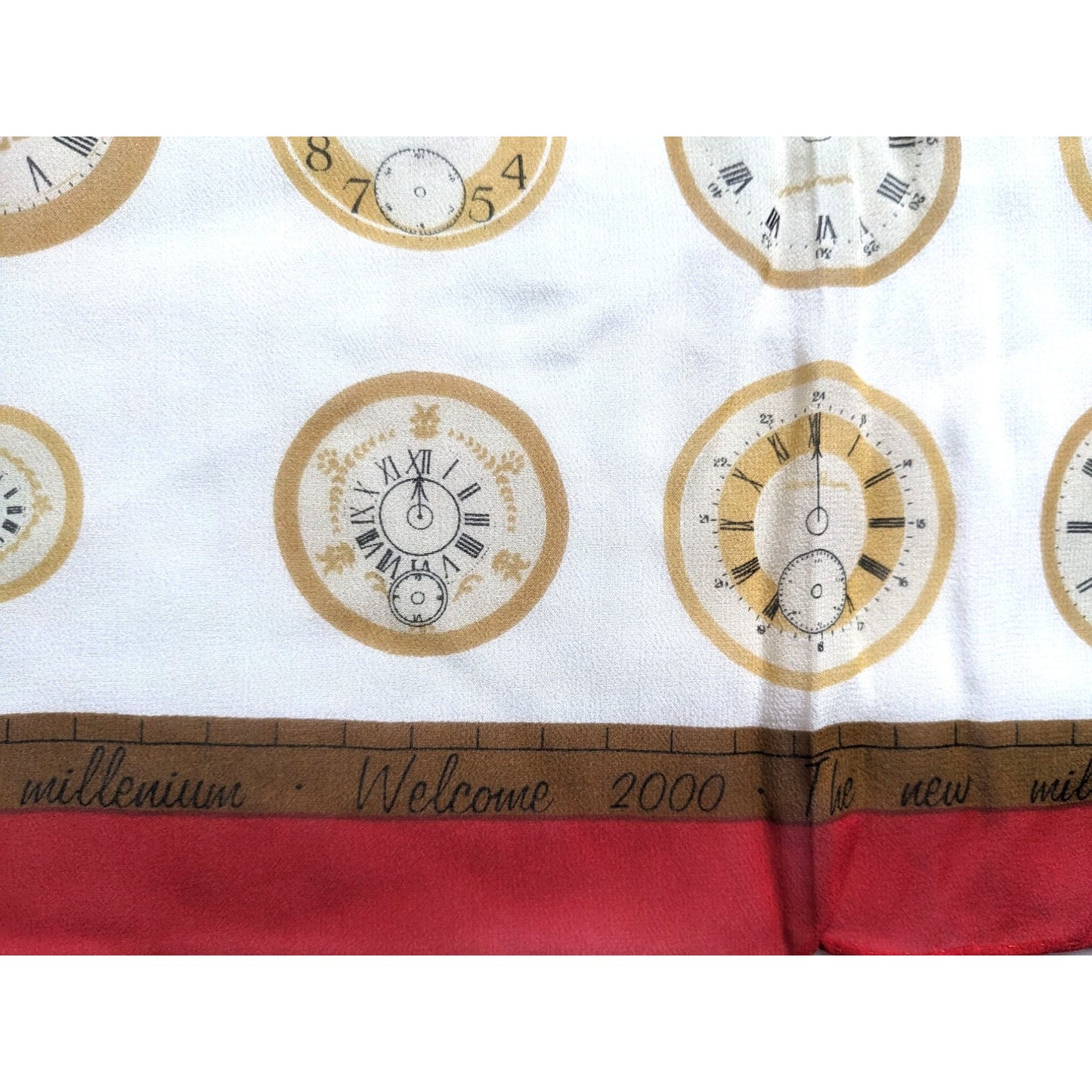 Vintage Y2K Clock Print Millennium New Year's Scarf RedBronze Sheer Silk Chiffon