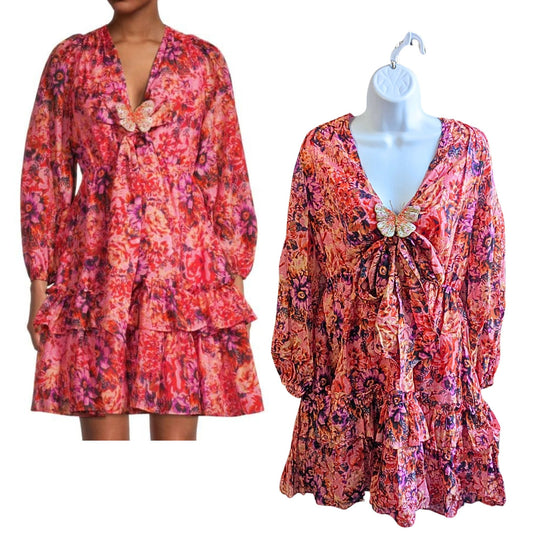 UNGARO Tara Floral Silk Blend Mini Dress PinkPunch Multi w/Beaded Butterfly Sz L