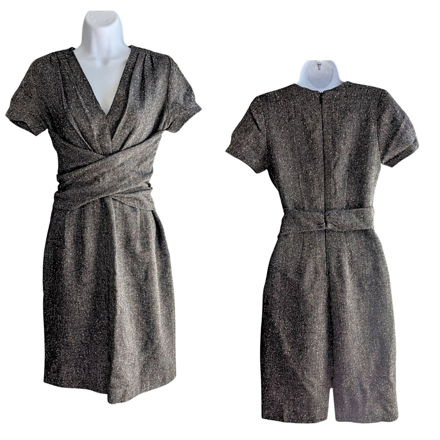 Vtg Y2K 2009 Launch Yr CH CAROLINA HERRERA Gray Wool Tweed Wrap Mini Dress Sz 6