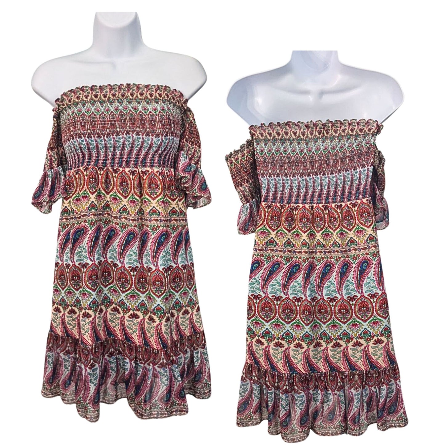 ATINA CRISTINA Boho Off Shoulder Paisley Lined Flounce Mini Sundress Size S