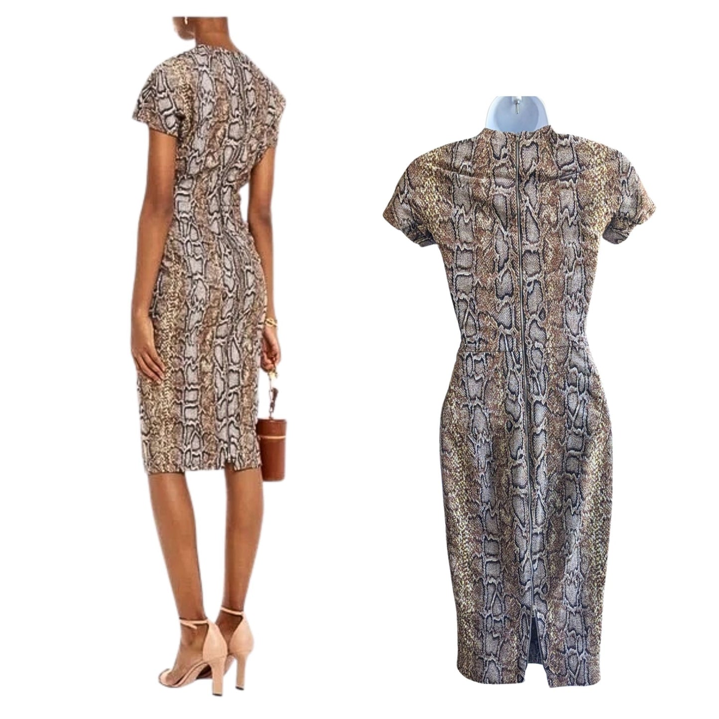 VICTORIA BECKHAM Brown Snake Jacquard Sheath Midi Dress Cap Sleeve Sz UK 8/US 4