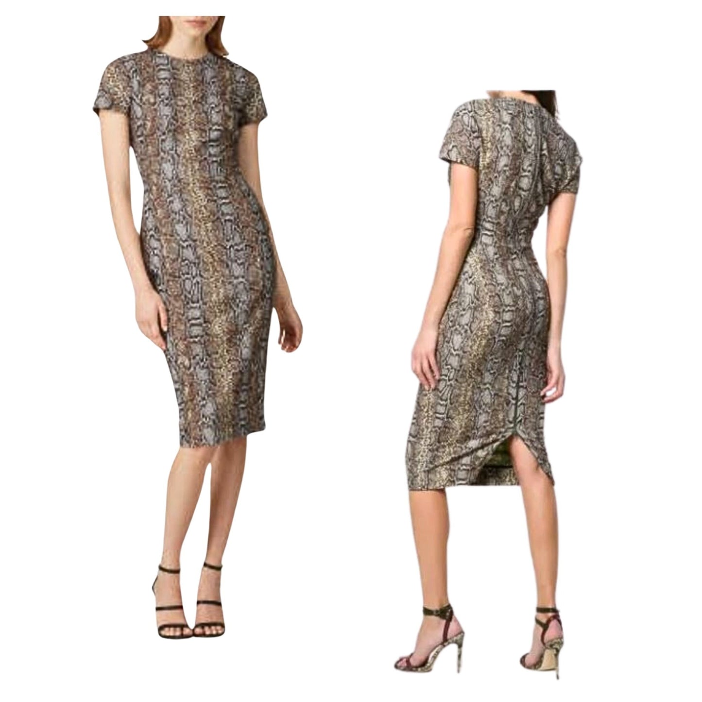 VICTORIA BECKHAM Brown Snake Jacquard Sheath Midi Dress Cap Sleeve Sz UK 8/US 4