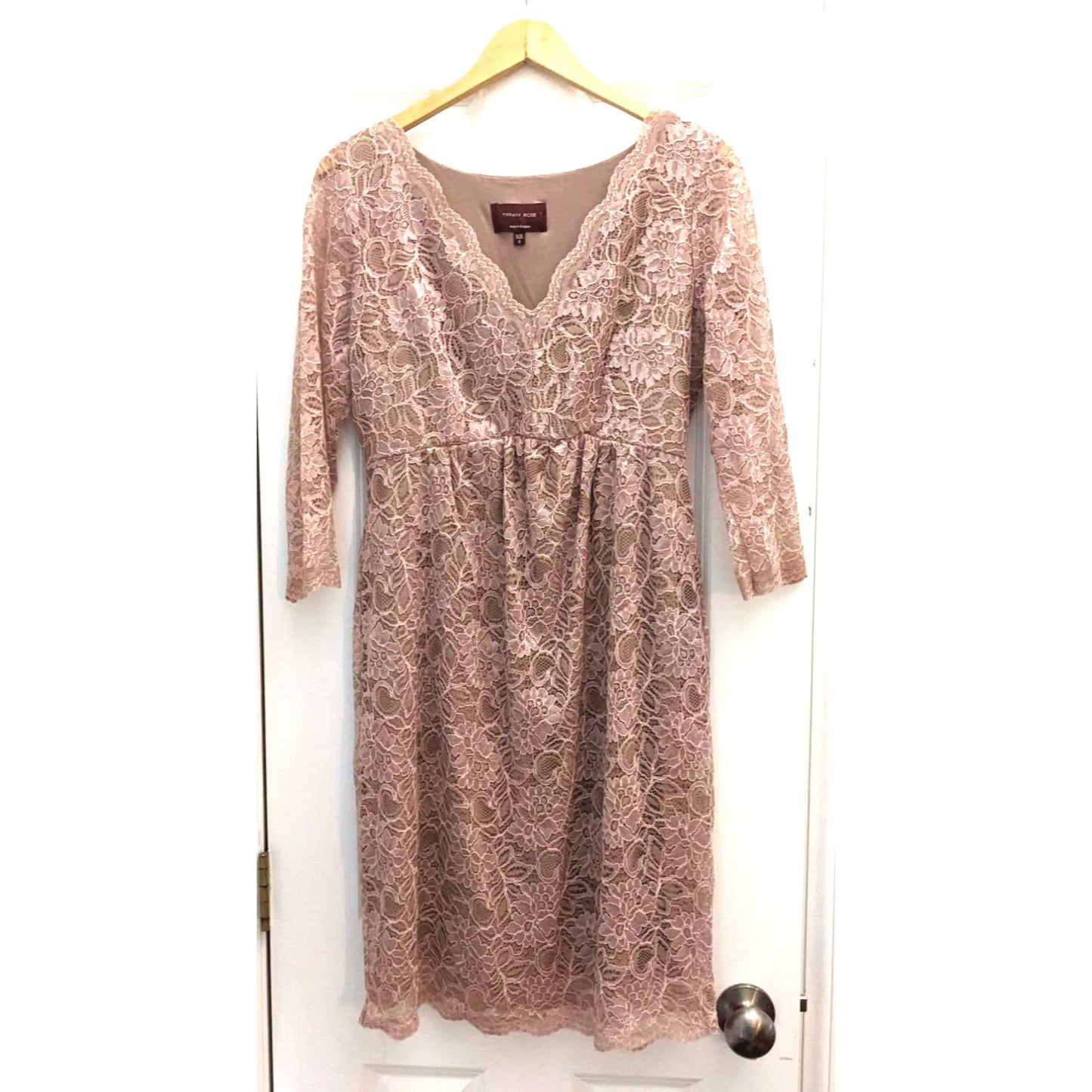 TIFFANY ROSE Rosie Embroidered Lace Midi Dress Pink Rose Gold 3/4 Sleeve Sz 3/10