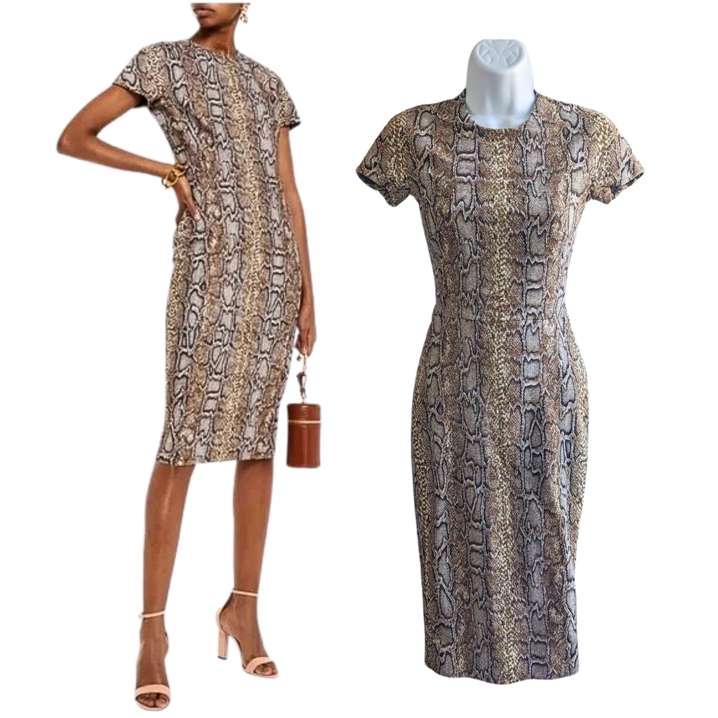 VICTORIA BECKHAM Brown Snake Jacquard Sheath Midi Dress Cap Sleeve Sz UK 8/US 4