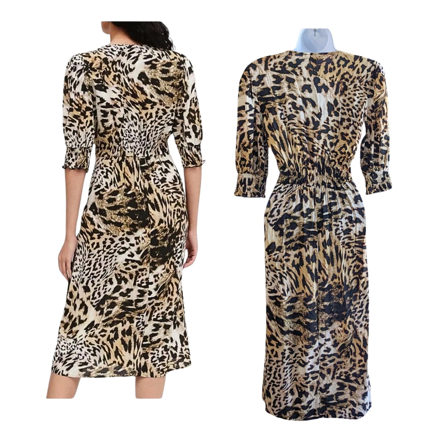 BANANA REPUBLIC Trending Leopard Print V-Neck Puffed Sleeve Midi Dress Size 6