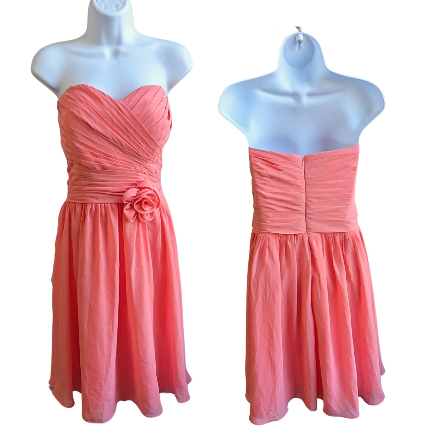 JJ'S HOUSE Coral Pink Strapless Chiffon Bridesmaid Prom Pleated Mini Dress Size