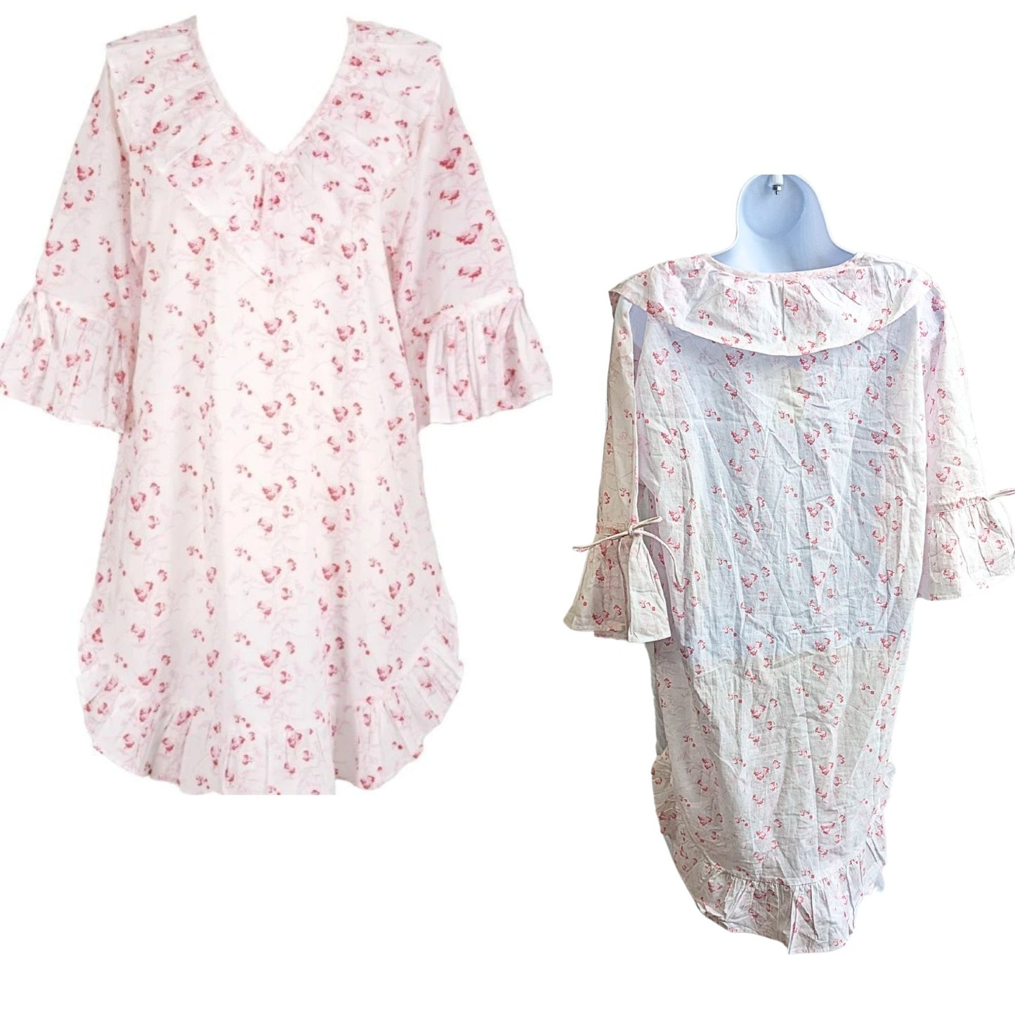 NWT LENORA White & Pink Lily Poet 100% Cotton Nightshirt Cottage Coquette Sz L