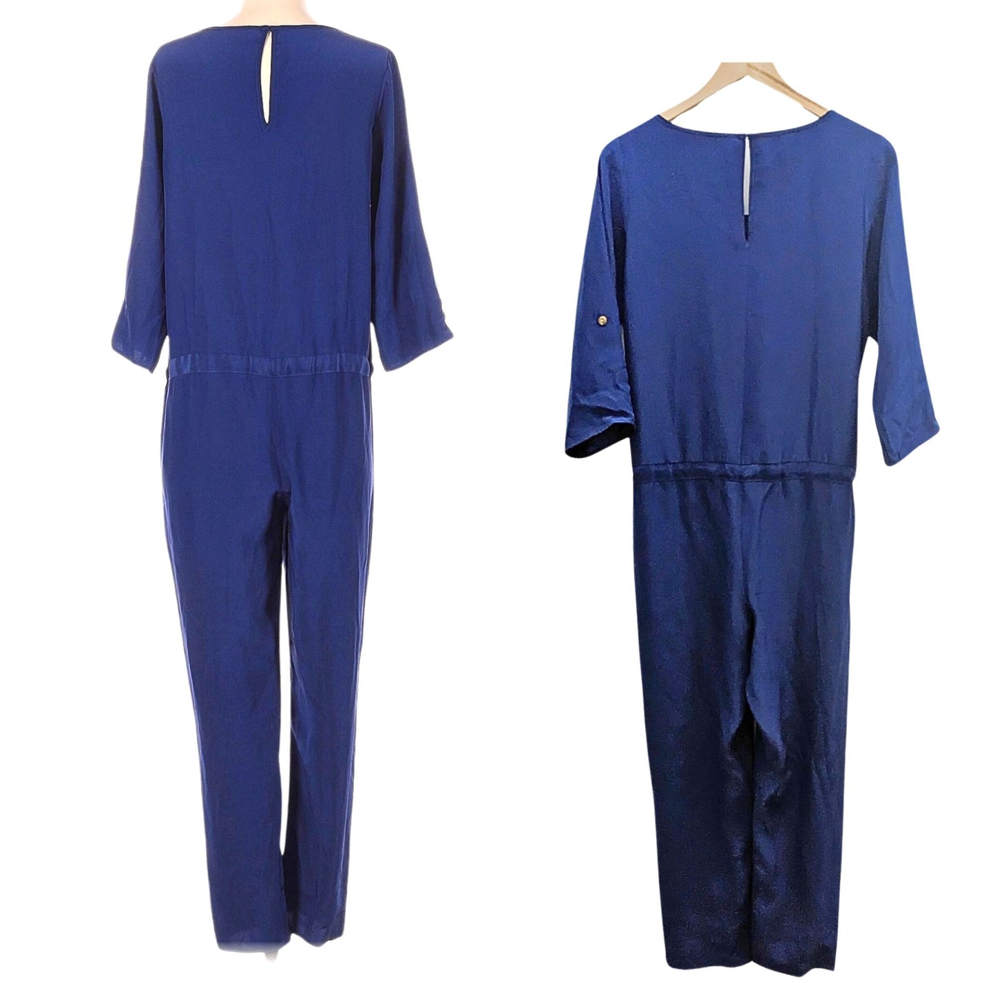 NWOT Revolve AMANDA UPRICHARD 100% Silk Blue Jumpsuit LongSleeve Pockets Size SP