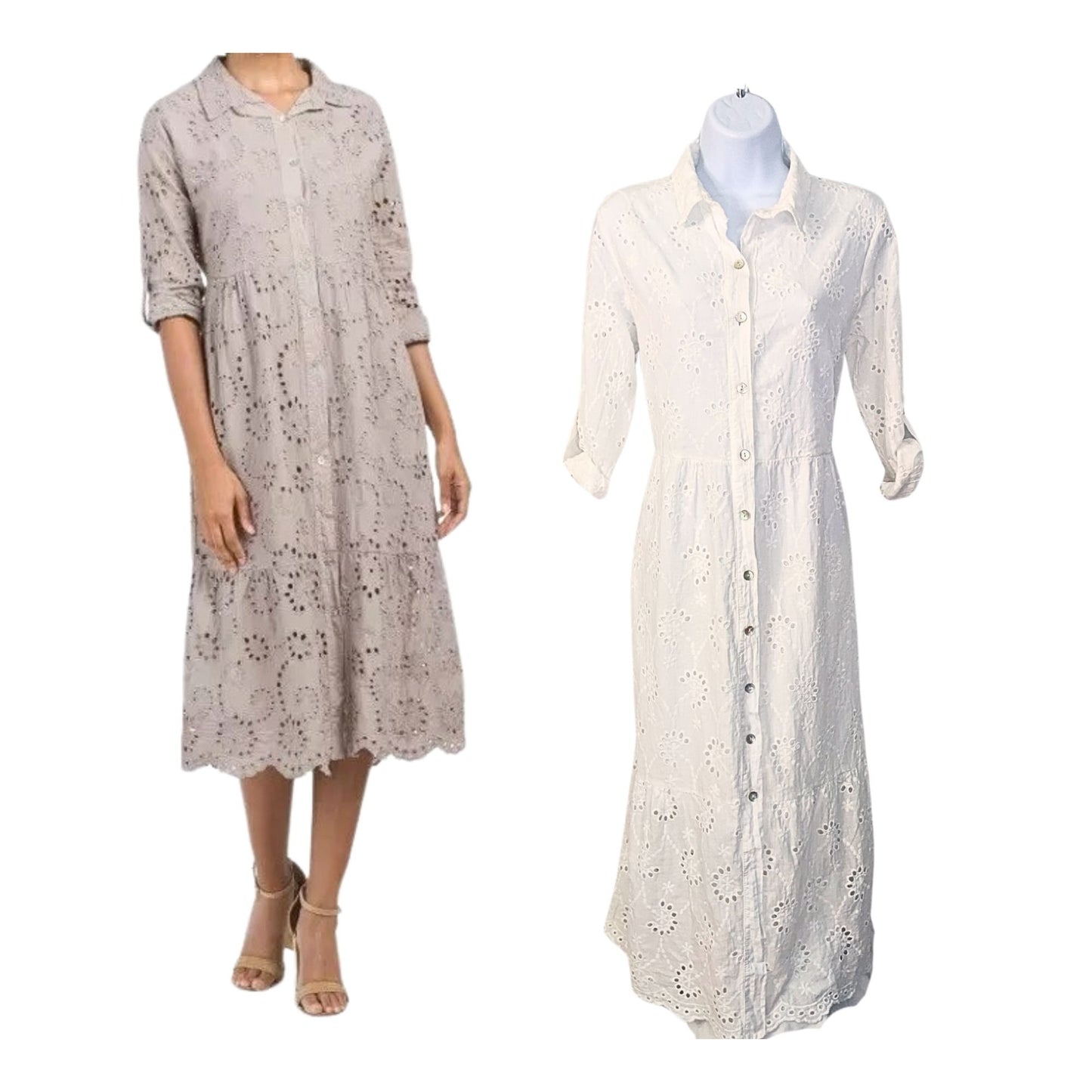 NWT VALENTINA NALDI Italy White Cottage Eyelet Button Front Midi Shirt Dress SzS