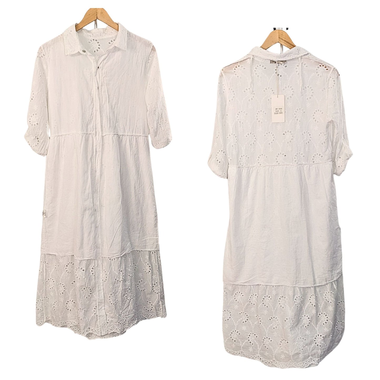 NWT VALENTINA NALDI Italy White Cottage Eyelet Button Front Midi Shirt Dress SzS