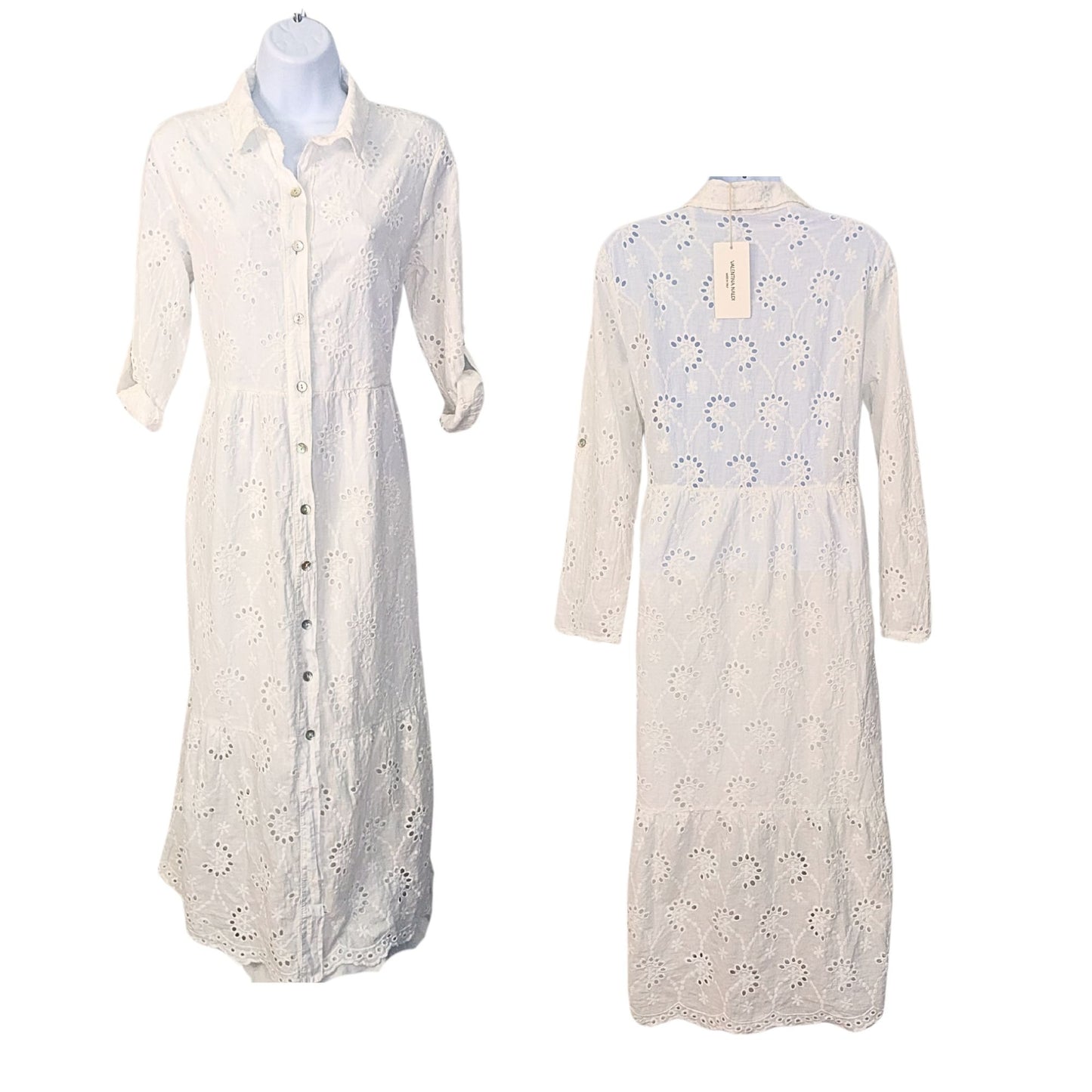 NWT VALENTINA NALDI Italy White Cottage Eyelet Button Front Midi Shirt Dress SzS