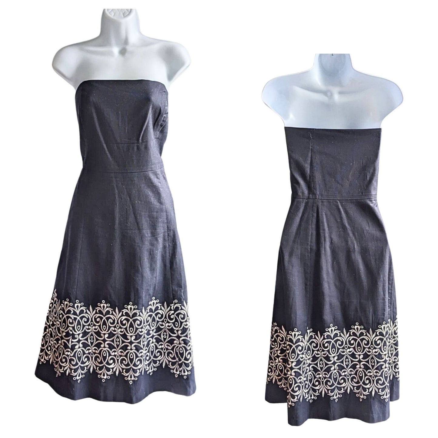 LOFT Strapless Navy w/ Silver Scroll Embroidery Fit & Flare Midi Dress Size 10