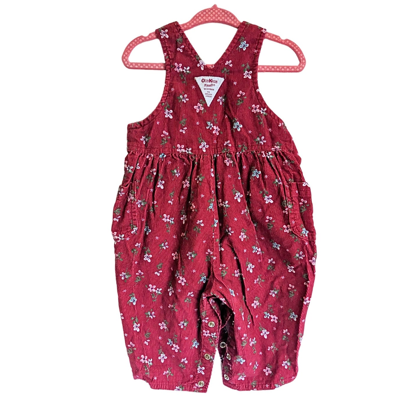 Vtg 90s OSH KOSH Vestbak Bubble Snap Overalls in Red Floral Corduroy Size 12M