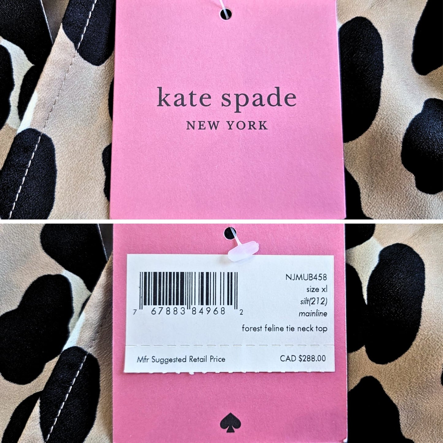 NWT KATE SPADE Forest Feline Tan Black Leopard Print Crepe Tie Neck Blouse Sz XL