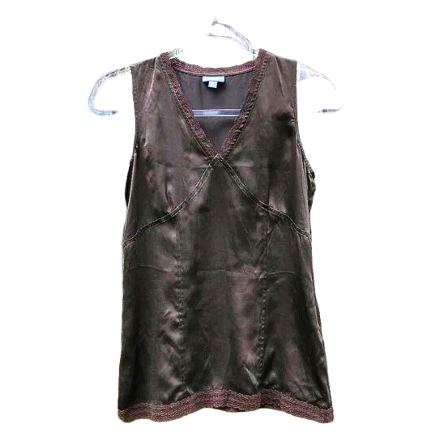 Vintage Y2K J. JILL Brown 100% Silk Blouse Sleeveless V-Neck  w/ Lace Size 4