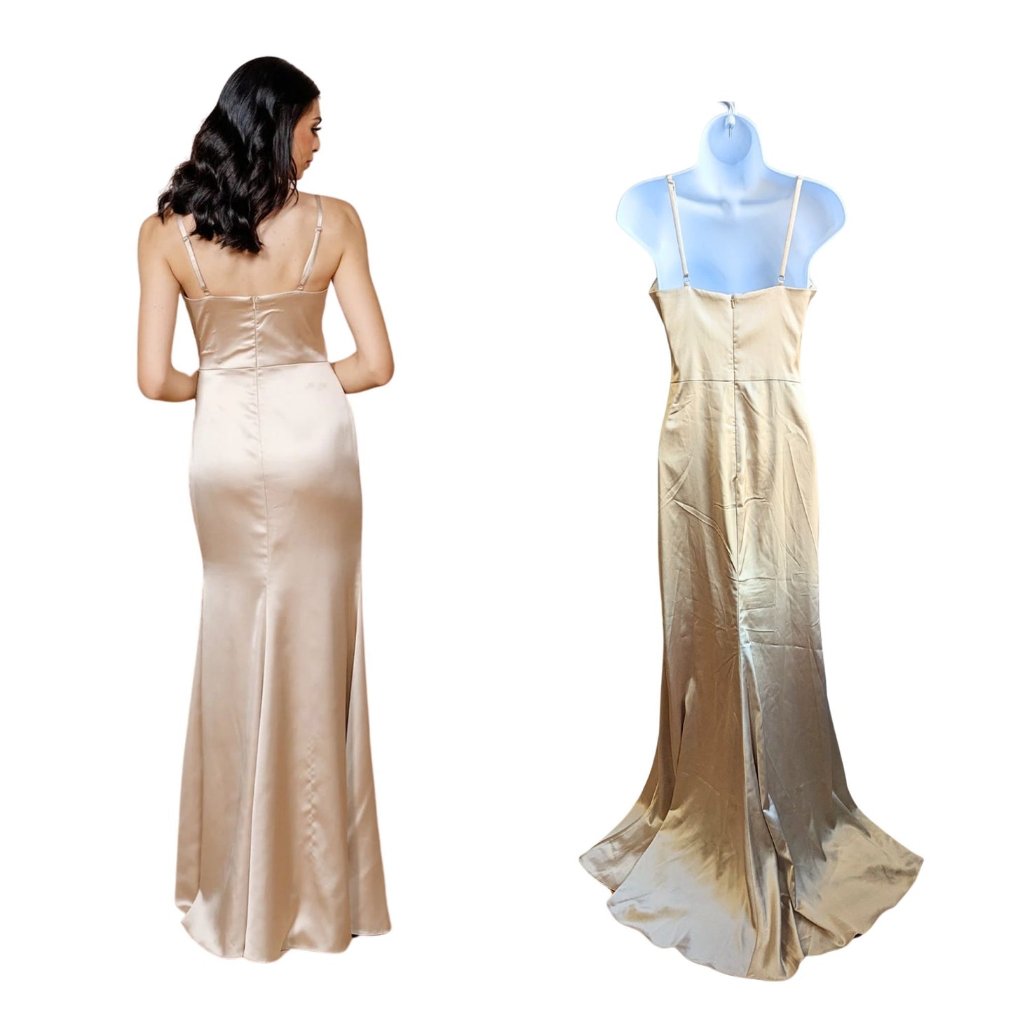 REVELRY Rory Satin Gold Champagne 703 Thigh Slit Bridesmaid Dress Size 6