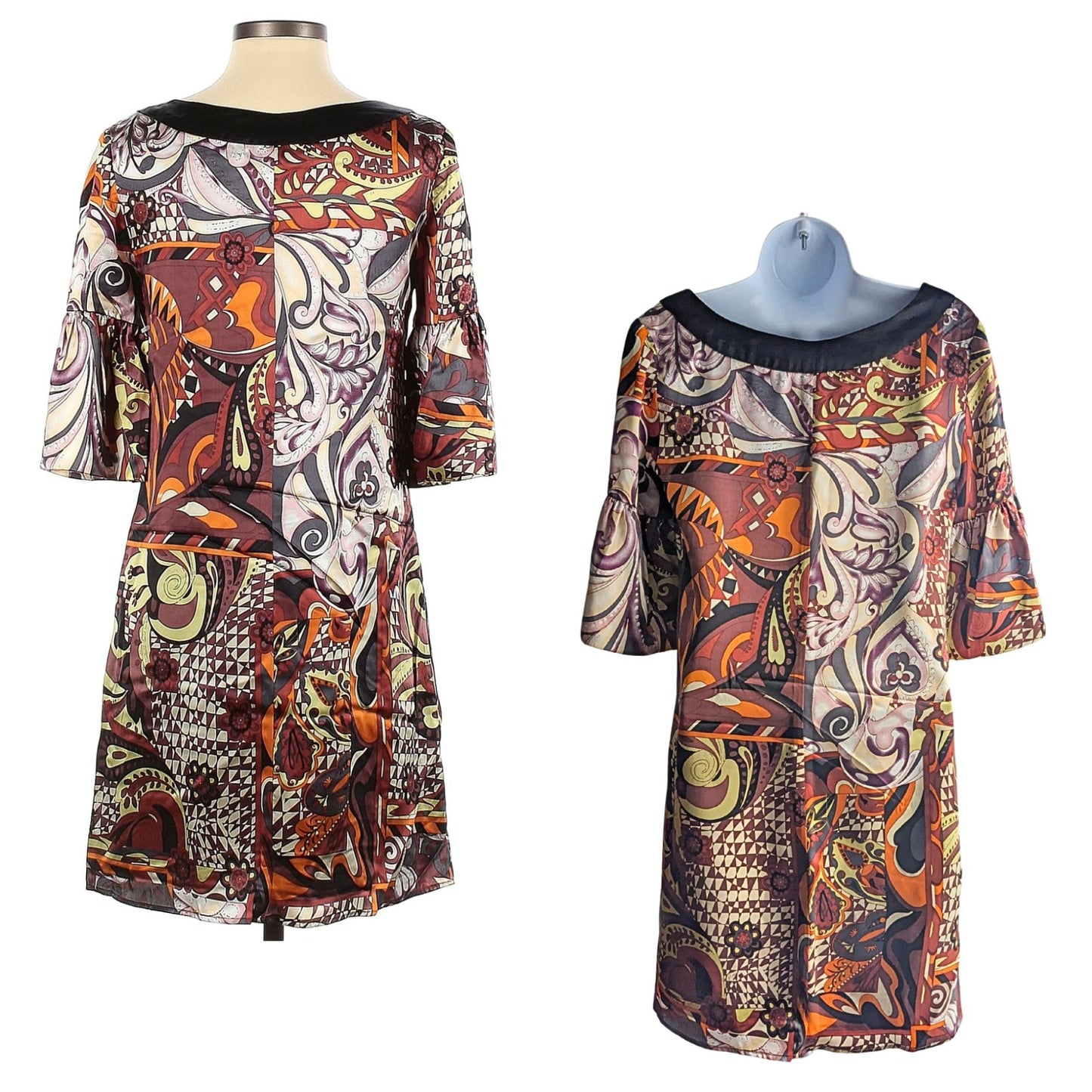 NWOT Vintage Y2K SINGLE DRESS 100% Silk Satin Abstract Mixed Print Mini Dress Size SP