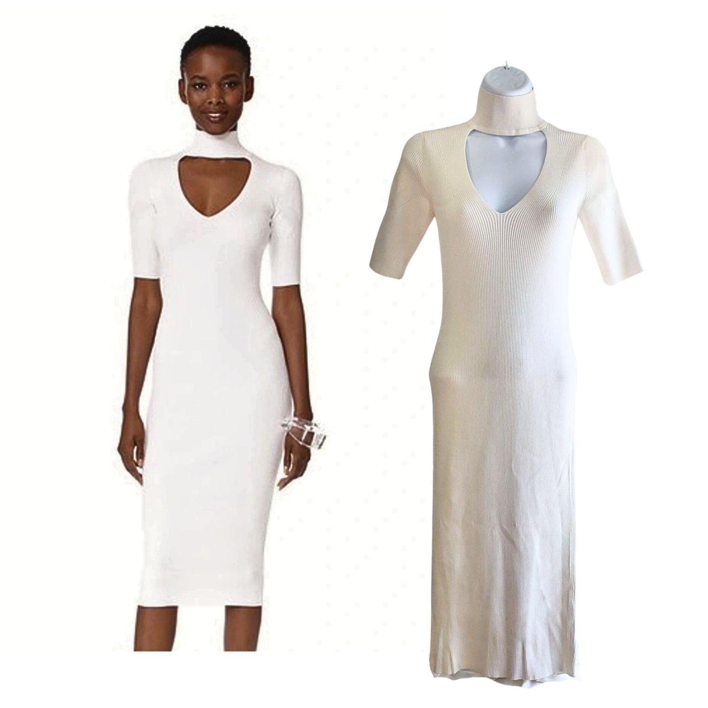 CUSHNIE ET OCHS White Turtleneck Choker Cutout Ribbed Bodycon Sweater Dress Sz M