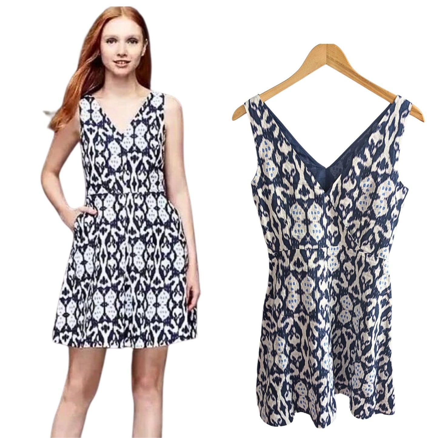 NWOT GAP 100% Linen Ikat Navy Blue & White Fit & Flare Sleeveless Mini Dress Size 2