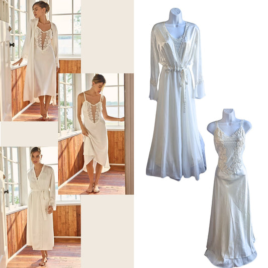 BHLDN FLORA NIKROOZ Ivory Showstopper Charmeuse Long Gown & Robe Bridal Set Sz L