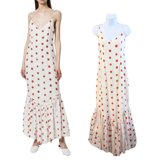 DE LA VALI Capri Polka Dot Printed Silk Maxi Dress In White/Red Size 12