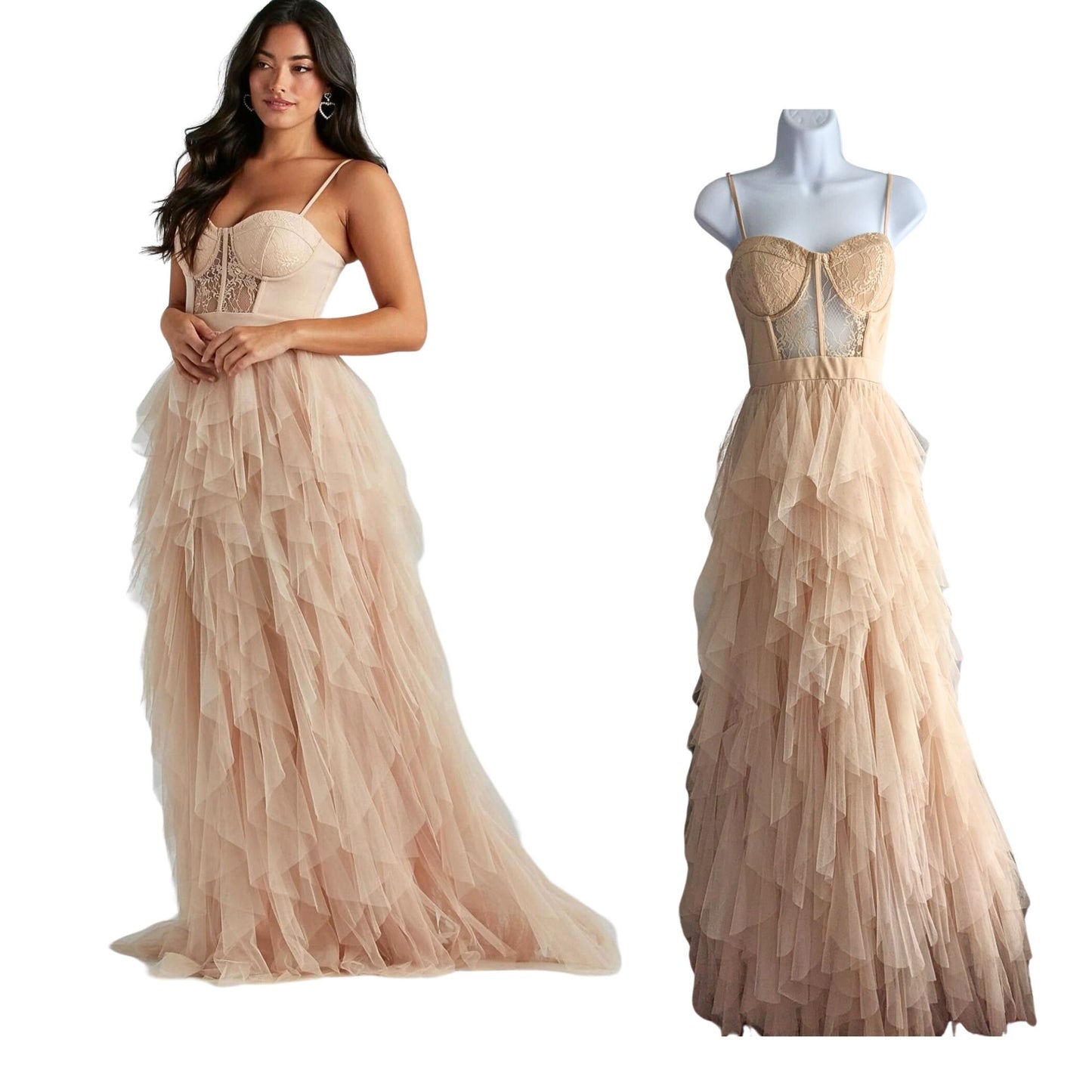 WINDSOR Ruth Nude Illusion Lace Corset Formal Lace Tulle Ruffled Gown Size L