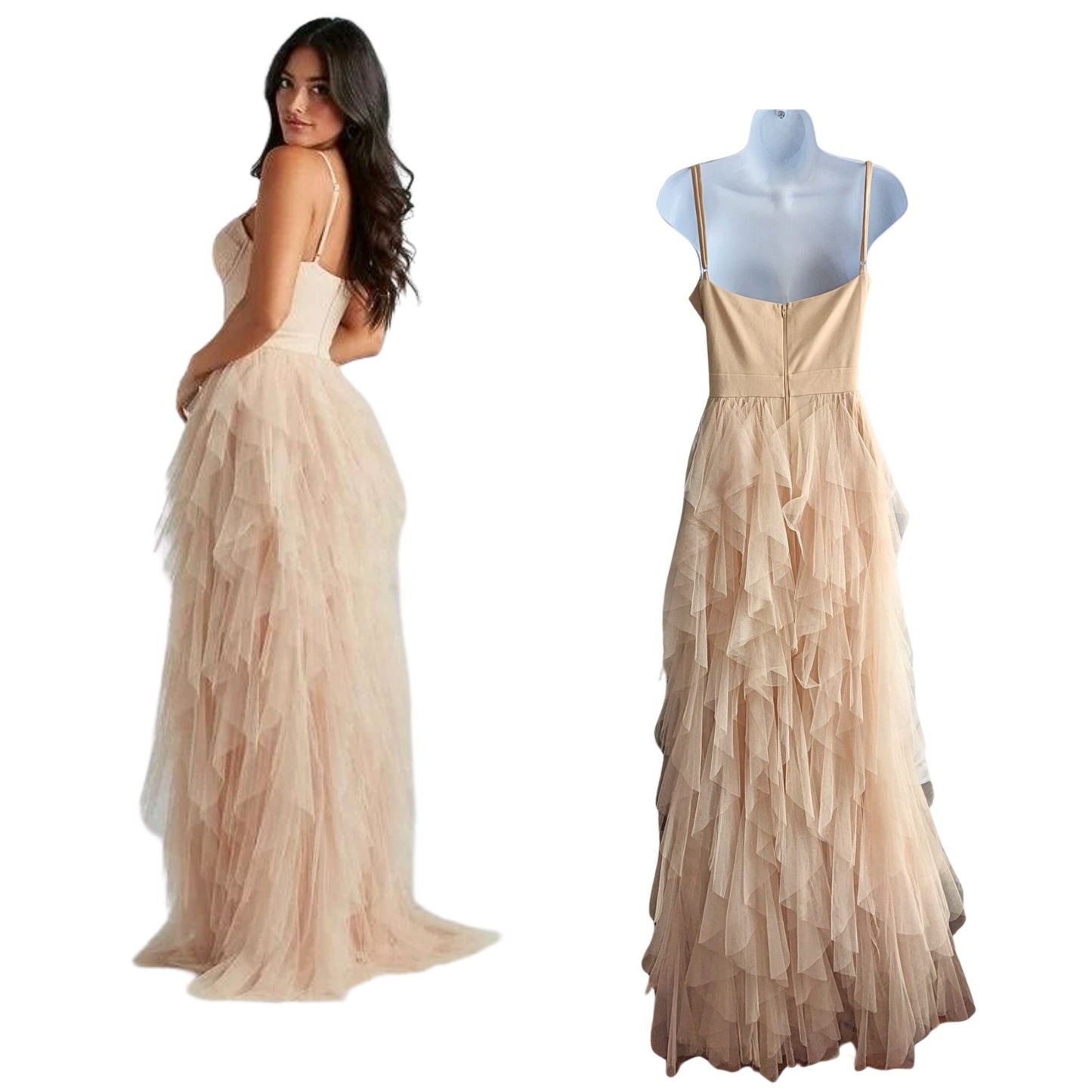 WINDSOR Ruth Nude Illusion Lace Corset Formal Lace Tulle Ruffled Gown Size L